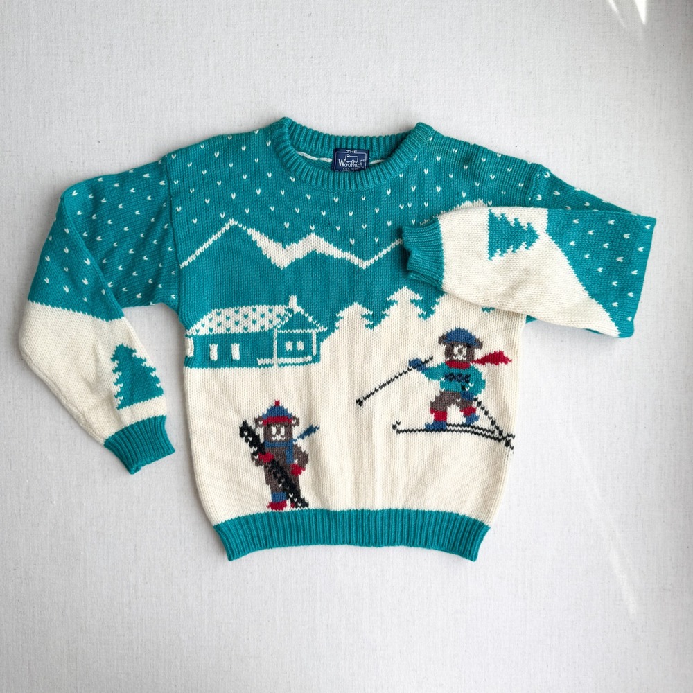 vtg Woolrich teal teddy bear skiing novelty wool sweater S